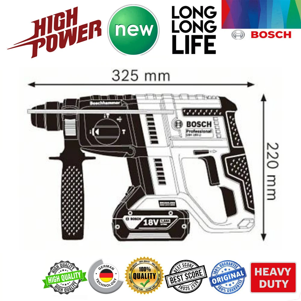 دریل چکشی شارژی بوش مدل بتن کن سه کاره فوق حرفه ای GBH 180 LI - Brushless Motor - نمای 6